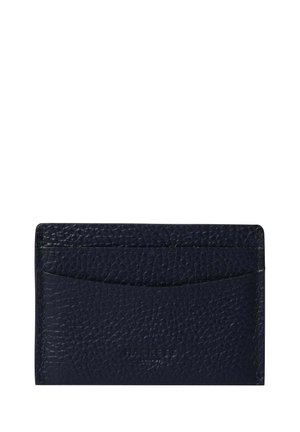 Kaartjeshouder van marineblauw gestructureerd leer met meerdere vakken en subtiel geperst logo in het midden.