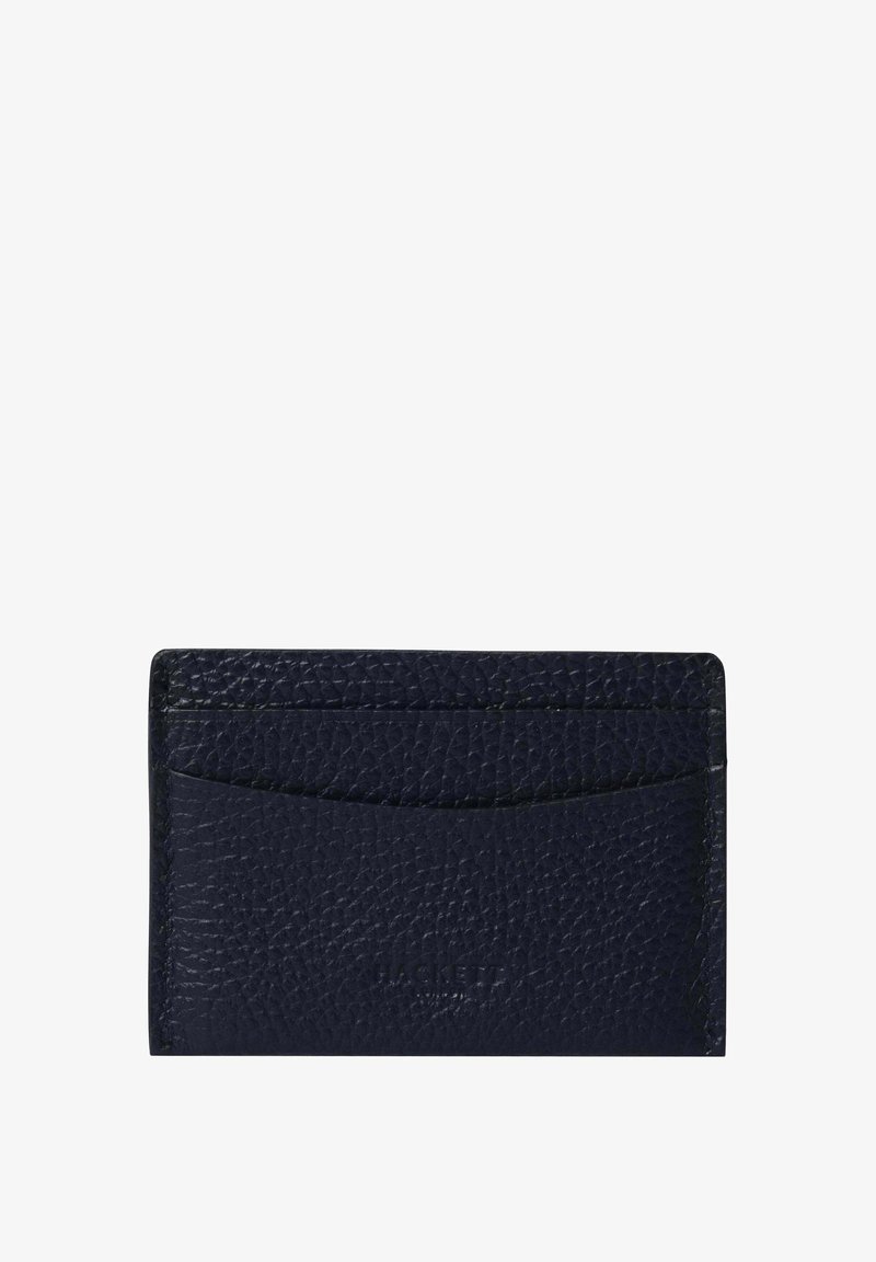 Porte-cartes en cuir texturé bleu marine avec plusieurs compartiments et un logo embossé discret au centre.