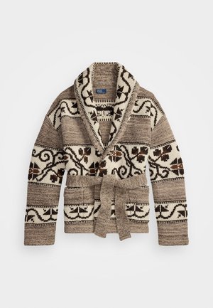 Cardigan lavorato a maglia marrone e crema con motivi floreali e geometrici, colletto a scialle, tasche frontali e una cintura annodata in vita.
