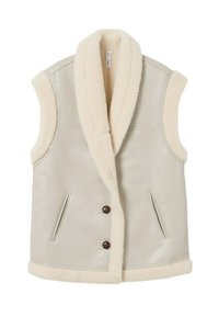 Gilet sans manches en peau lainée beige avec un large col duveteux, deux poches avant et deux boutons foncés, présenté à plat sur fond blanc.