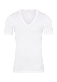 Weißes Kurzarm-V-Ausschnitt-T-Shirt aus weichem Stoff. Hat eine taillierte Form und eine glatte Textur mit einem einfachen, klassischen Design.