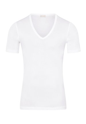 Witte korte mouwen V-hals T-shirt van zachte stof. Heeft een getailleerde vorm en een gladde textuur met een eenvoudig, klassiek ontwerp.