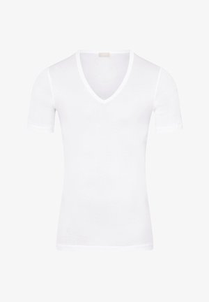 Witte korte mouwen V-hals T-shirt van zachte stof. Heeft een getailleerde vorm en een gladde textuur met een eenvoudig, klassiek ontwerp.