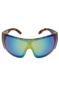 Solsken med en svart och sköldpaddsram, stora böjda blå-gröna spegelglas, och en smidig, omslutande design för full täckning.