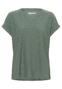 Green short-sleeve t-shirt made of textured fabric featuring a V-neck and an eyelet pattern with geometric designs throughout.
