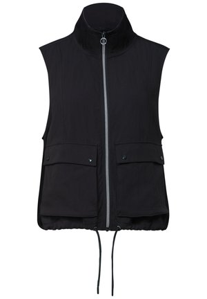 Veste noire sans manches avec col montant, fermeture éclair à l'avant, deux grandes poches à rabat avec boutons-pression, et ourlet réglable avec cordon de serrage.
