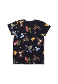 Short-sleeve t-shirt in navy with a floral and hummingbird pattern. Made from soft fabric, featuring bright colors and detailed illustrations.