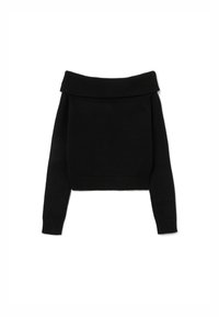 Maglione nero corto con design senza spalle. Realizzato in materiale morbido, con polsini e orlo a coste.