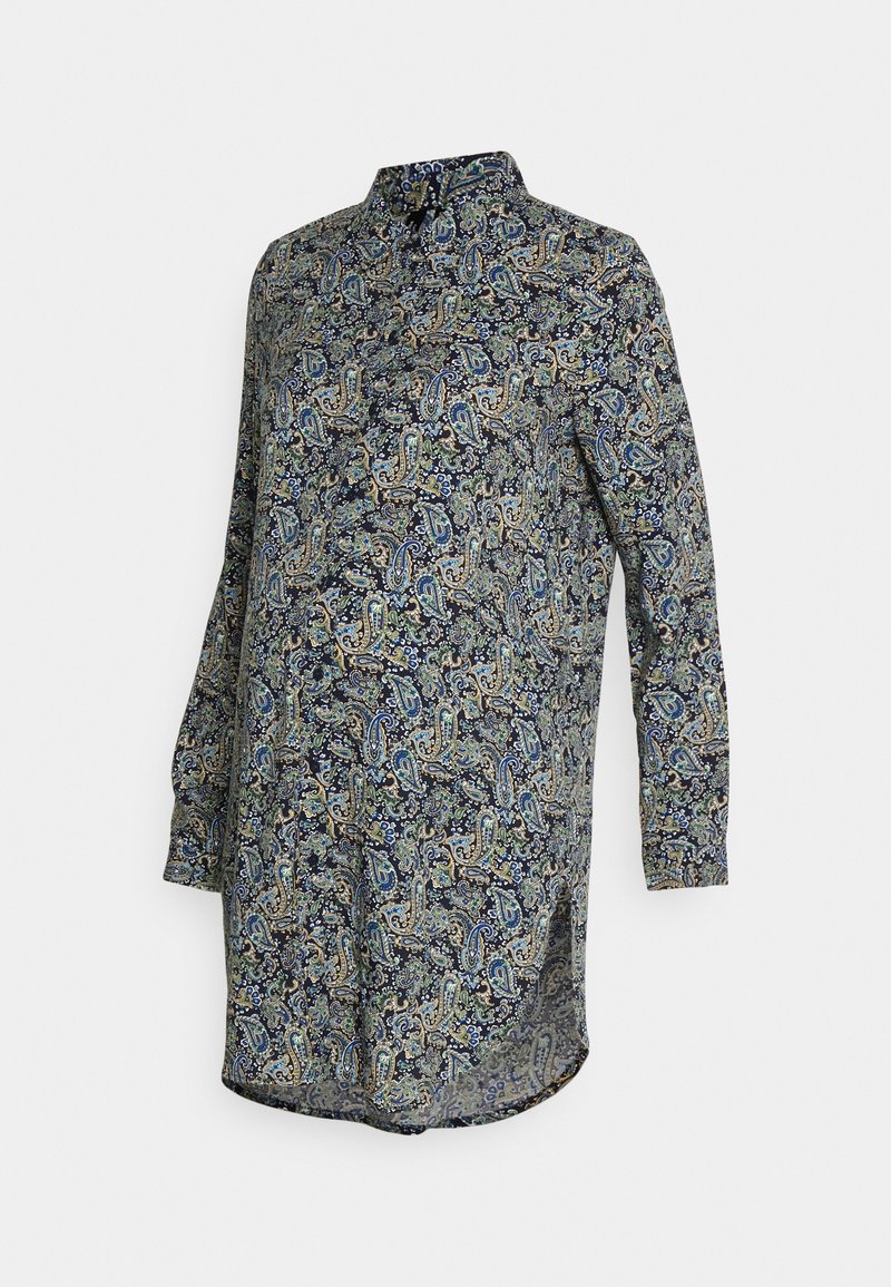 Long-sleeve shirt in navy fabric with a paisley pattern in blue, green, and beige. Features a collar and button front, with a rounded hem.