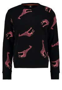 Sudadera negra con estampados de jirafas rosas. Diseño de cuello redondo con puños y dobladillo acanalados, que muestra una textura suave en todo su material.