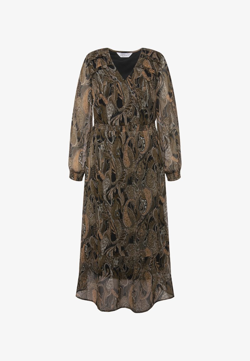 Robe longue noire transparente avec un motif cachemire en tons dorés et bruns ; décolleté en V, manches longues et taille élastiquée.