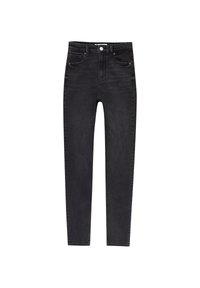 Jean skinny noir taille haute avec cinq poches, une fermeture frontale à boutons, et une texture en denim lisse. Détails de coutures le long des coutures.