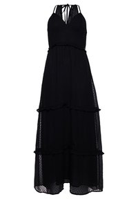 Schwarzes, gestuftes Maxikleid aus transparenter Stoff, mit einem gerafften Saum, V-Ausschnitt und verstellbaren Bindeträgern. Mit punktiertem Muster strukturiert.