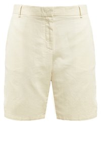 Shorts en lin beige avec un devant plat, des passants pour ceinture, et deux poches latérales. Le tissu présente une finition texturée.
