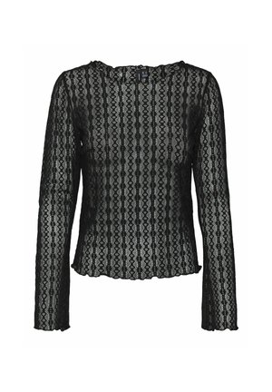 Top negro de manga larga hecho de encaje, con un intrincado patrón geométrico, cuello redondo y dobladillo festoneado. Textura transparente.