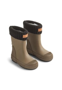 Bottes en caoutchouc marron avec un revers en tricot brun foncé côtelé et des semelles texturées. Présente une étiquette en cuir beige sur le revers.