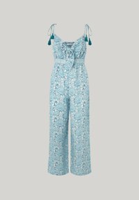 Blauwe bloemen jumpsuit met verstelbare straps, strik aan de voorkant, wijde benen en textuurstof die een gedetailleerd bloemenpatroon heeft.