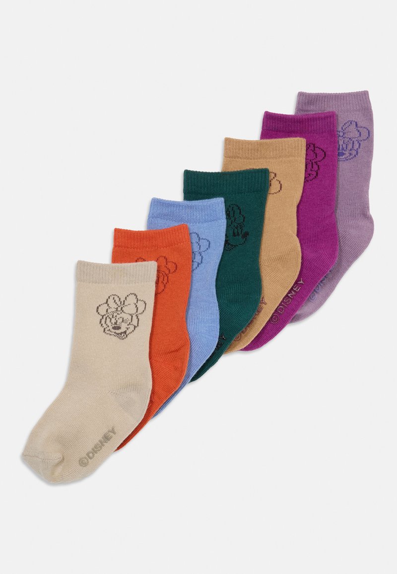Ensemble de sept chaussettes en coton colorées en beige, orange, bleu, vert, violet et violet clair, chacune présentant un motif floral.