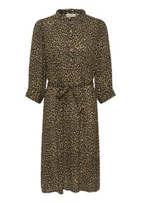 Šaty s leopardím vzorem, dlouhými rukávy, zapínáním na knoflíky, opaskem v pase a límečkem. Vyrobené z lehkého materiálu s hladkou texturou.