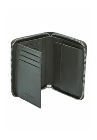 Portefeuille en cuir gris avec fermeture éclair, plusieurs emplacements pour cartes, une poche à pièces, et logo de marque embossé à l'intérieur. Texture lisse.