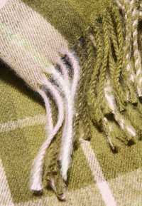 Tissu à carreaux vert et rose avec des franges. Mélange de laine texturé, présentant des fibres douces et des motifs contrastés dans un design à carreaux.