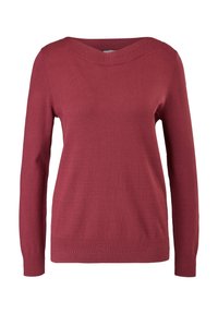 Pull rouge avec un large col arrondi, des manches longues, et des poignets et un ourlet côtelés. Le tissu semble lisse, légèrement texturé.