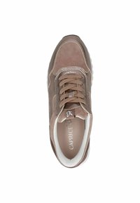 Braune Wildleder-Sneaker mit Mesh-Akzenten, runder Zehenpartie und Schnürdesign. Die weiße Gummisohle verfügt über ein strukturiertes Profil für besseren Halt.