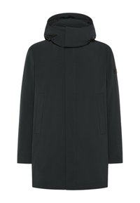 Donkere, waterdichte jas met een hoge kraag, capuchon met trekkoorden, zijzakken en een recht gesneden ontwerp. Gladde textuur, minimalistische stijl.