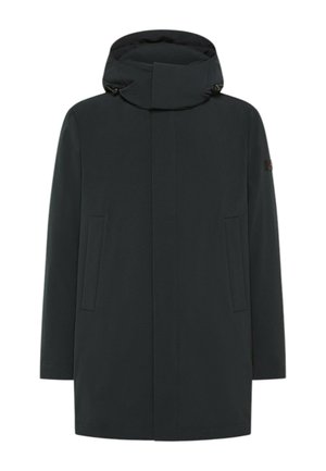 Donkere, waterdichte jas met een hoge kraag, capuchon met trekkoorden, zijzakken en een recht gesneden ontwerp. Gladde textuur, minimalistische stijl.