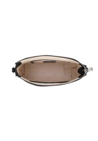 Borsa a tracolla nera con zip, dal design esterno liscio, ampio interno beige e chiusura con zip singola. Presenta dettagli hardware minimi.