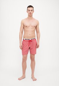 Raudoni gingham maudymosi šortai su juodu prekės ženklo dirželiu ir užtrauktuku. Lengvas audinys, iki kelių siekiantis dizainas, be kišenių.