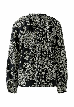 Blouse noire à manches longues avec un motif complexe de cachemire et floral blanc, col froncé et poignets élastiqués.