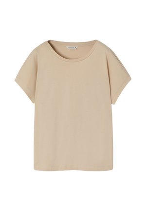 T-shirt beige a maniche corte realizzato in tessuto morbido, con un ampio scollo rotondo e una vestibilità rilassata con maniche arrotolate.