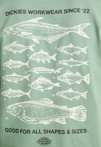 Žalias marškinėliai su baltomis iliustruotomis žuvimis, turinčiomis numerius nuo 1 iki 13. Tekstas sako: "DICKIES DARBO APRANGA Nuo '22" ir "TINKA VISIEMS FORMOMS IR DYDŽIAMS."