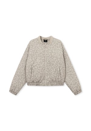 Beige bomberjack met ritssluiting, subtiele luipaardprint, elastische boorden en zoom, en twee voorzakken.