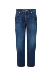 Jeans rectos de color azul oscuro, confeccionados en denim, que cuentan con cinco bolsillos, un cierre de botón y patrones de desgaste ligero a lo largo de la tela.