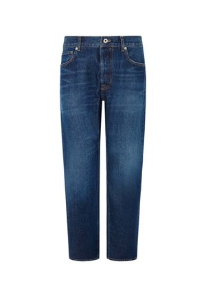 Tamno plave traperice ravnog kroja, izrađene od denima, s pet džepova, dugmetom za zakopčavanje i svijetlim mrljama izblijeđenosti po tkanini.