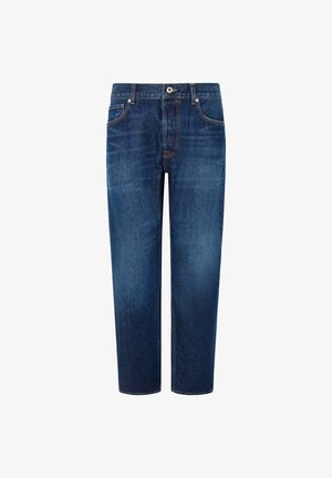 Tamsiai mėlyni tiesūs džinsai, pagaminti iš džinsinio audinio, su penkiomis kišenėmis, mygtukų užtrauktuku ir šviesiais ištirpinimo raštais visame audinyje.