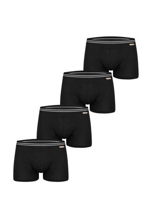 Vier schwarze Herren-Boxershorts mit weiß-grau gestreiftem Bund und kleinen rechteckigen Markentags auf der linken Seite.