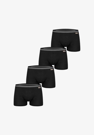 Vier schwarze Herren-Boxershorts mit weiß-grau gestreiftem Bund und kleinen rechteckigen Markentags auf der linken Seite.