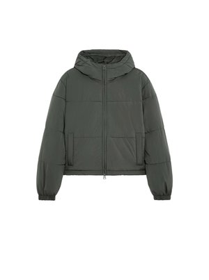 Geacă puffer de culoare verde închis, cu glugă, fermoar frontal, manșete elastice și două buzunare laterale. Material ușor, quilted, cu un finisaj mat.