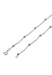 Srebrzysty naszyjnik łańcuszkowy z naprzemiennymi gładkimi kulistymi i wydłużonymi koralikami, z bezpiecznym zapięciem na lobstera.