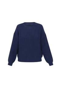 Granatowy sweter dziany o prążkowanej strukturze, okrągłym dekolcie i opuszczonych ramionach. Miękka tkanina; luźny krój z długimi rękawami.