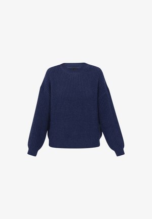 Maglione lavorato a maglia blu navy con una texture a coste, scollatura rotonda e spalle cadenti. Tessuto morbido; vestibilità comoda con maniche lunghe.