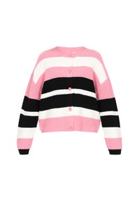 Pletený cardigan s alternativními růžovými, černými a bílými pruhy. Má kulatý výstřih, dlouhé rukávy a pět růžových knoflíků vpředu.