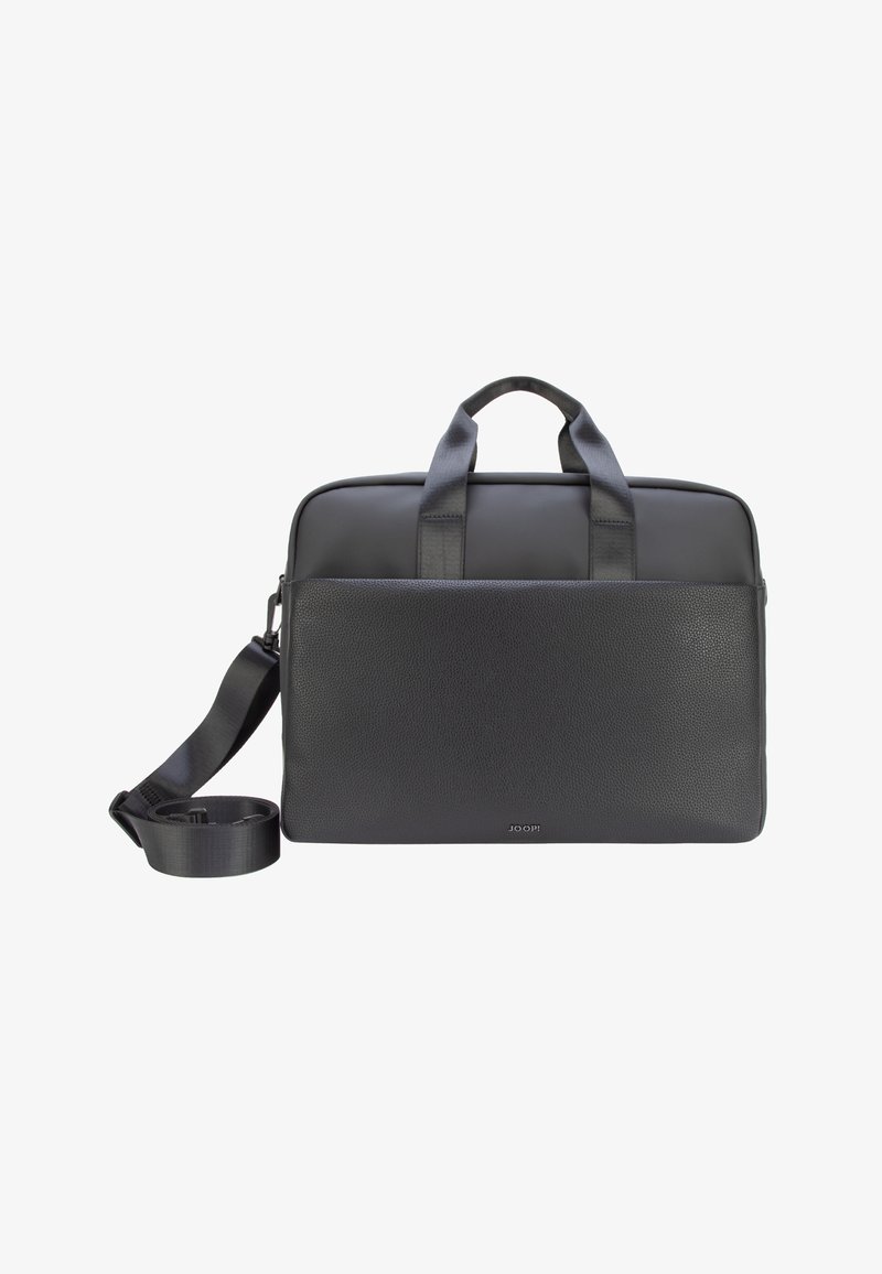 Mallette noire en cuir et tissu avec poche avant, doubles poignées et bandoulière réglable, présentée sur fond blanc.