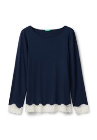 Maglia a maniche lunghe di colore blu navy in tessuto morbido, con scollatura rotonda e bordo in pizzo bianco ondulato all'orlo e alle maniche. Tessuto liscio.