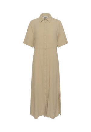 Beige väriä oleva napitettava mekko, jossa on lyhyet hihat, kaulus, sivuhalkiot ja rento istuvuus, valmistettu kevyestä kankaasta. Yksinkertainen muotoilu, jossa minimaalinen koristelu.