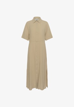 Beige väriä oleva napitettava mekko, jossa on lyhyet hihat, kaulus, sivuhalkiot ja rento istuvuus, valmistettu kevyestä kankaasta. Yksinkertainen muotoilu, jossa minimaalinen koristelu.