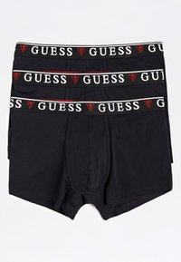 Férfi fekete pamut boxer alsónadrág, amelynek a derékrésze textúrázott, fehér és piros "GUESS" logóval és háromszög alakú díszítésekkel rendelkezik; 3 darabos csomag.